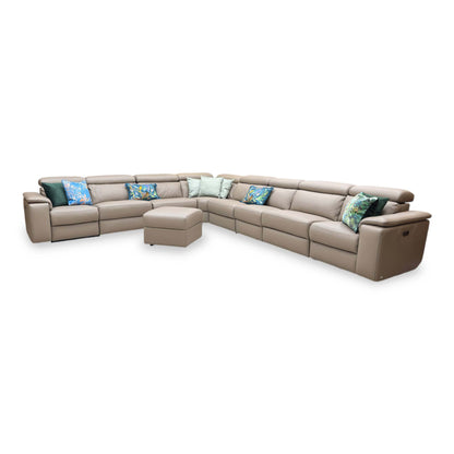 Nicoletti ‘Davide’ 312 Torello Taupe Leather 4 Corner 3 Power Recliner Sofa + Storage Footstool
