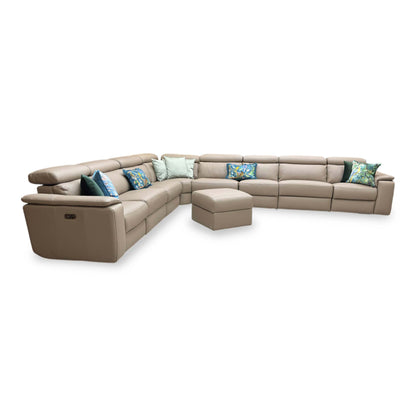 Nicoletti ‘Davide’ 312 Torello Taupe Leather 4 Corner 3 Power Recliner Sofa + Storage Footstool