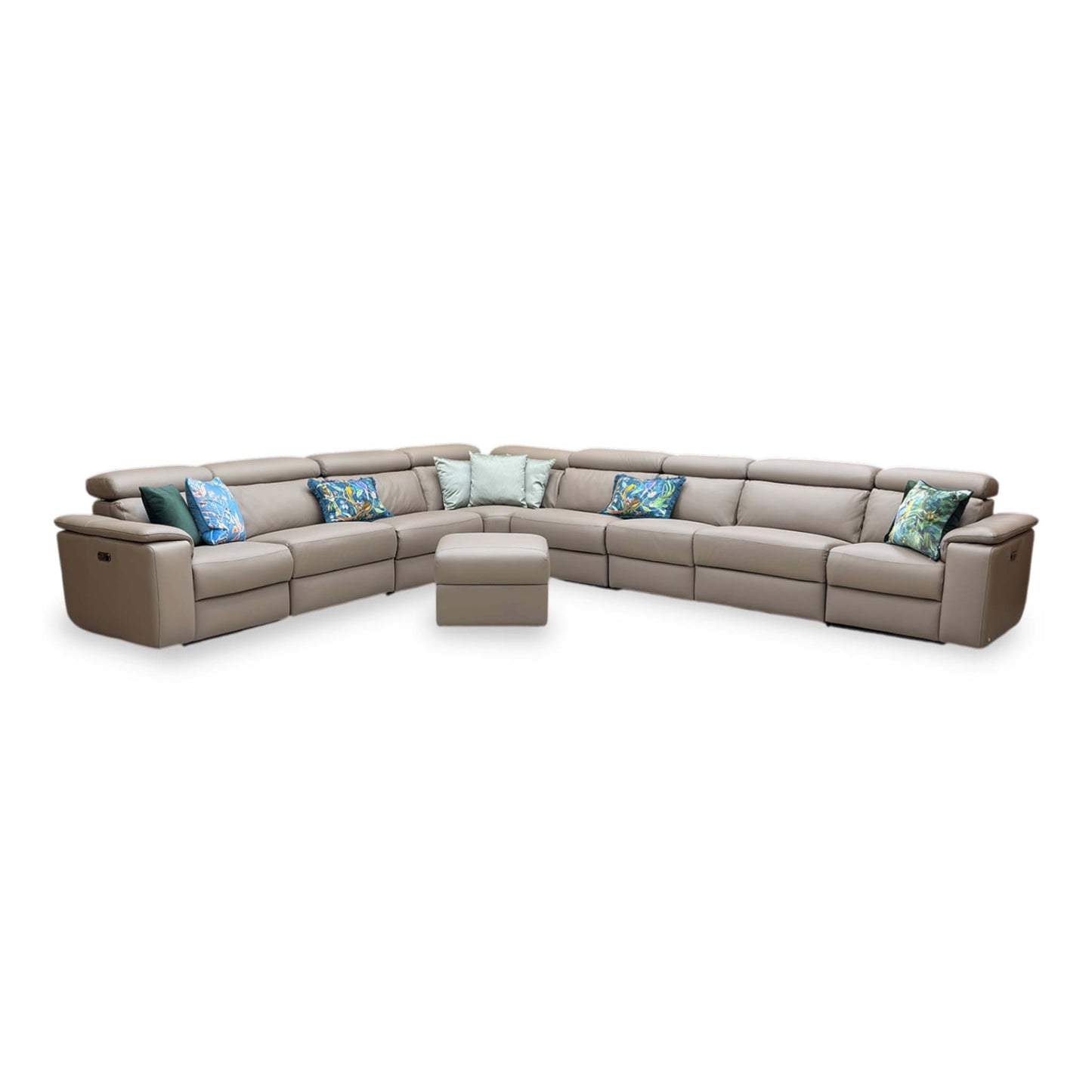 Nicoletti ‘Davide’ 312 Torello Taupe Leather 4 Corner 3 Power Recliner Sofa + Storage Footstool