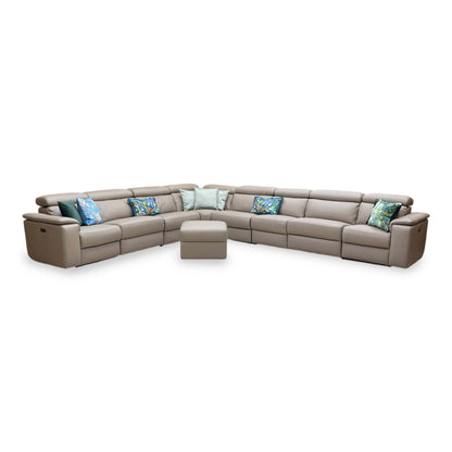 Nicoletti ‘Davide’ 312 Torello Taupe Leather 4 Corner 3 Power Recliner Sofa + Storage Footstool