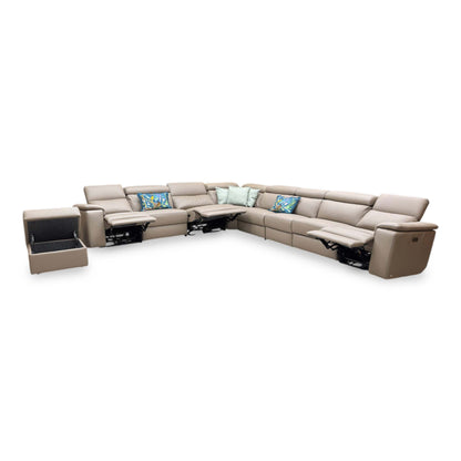 Nicoletti ‘Davide’ 312 Torello Taupe Leather 4 Corner 3 Power Recliner Sofa + Storage Footstool