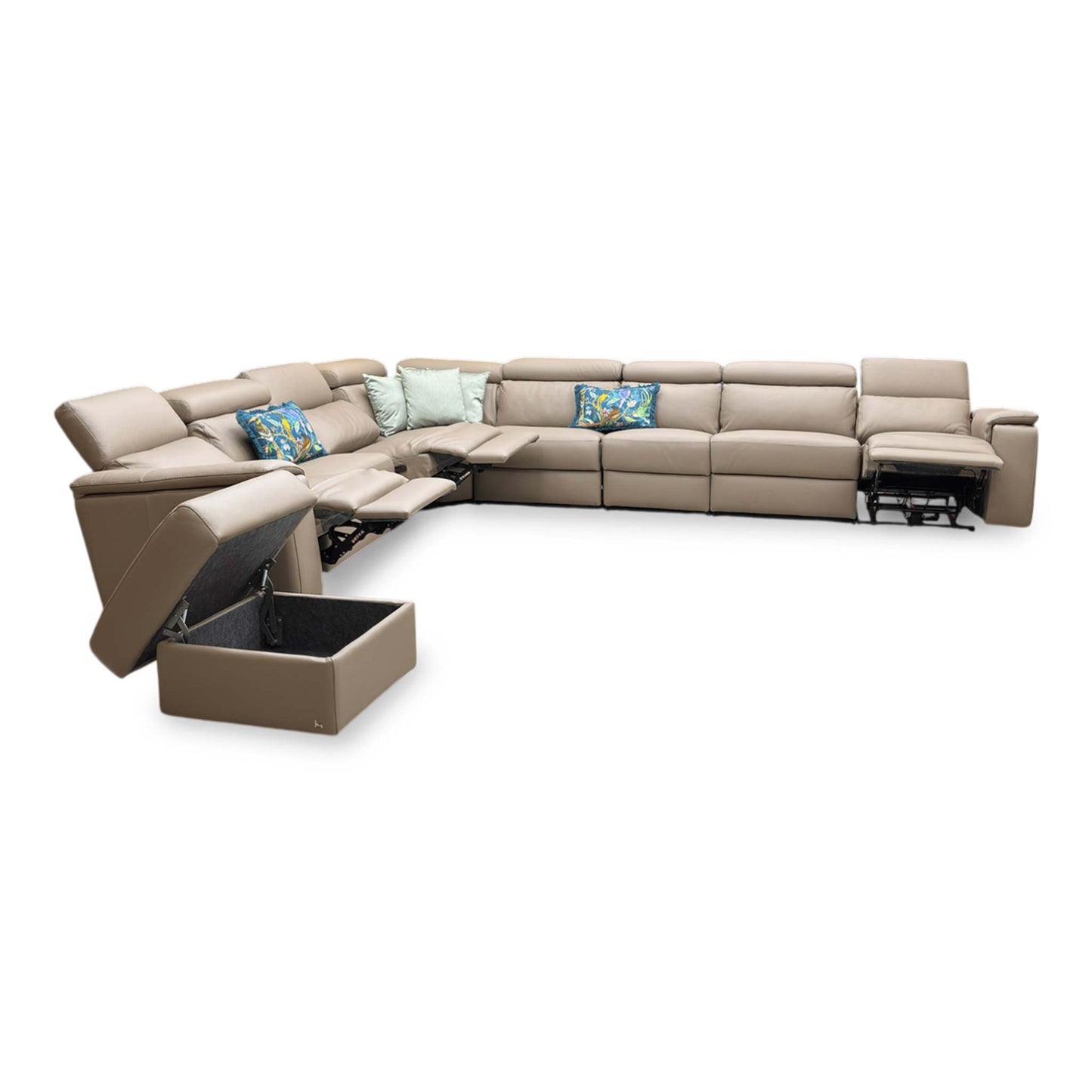 Nicoletti ‘Davide’ 312 Torello Taupe Leather 4 Corner 3 Power Recliner Sofa + Storage Footstool