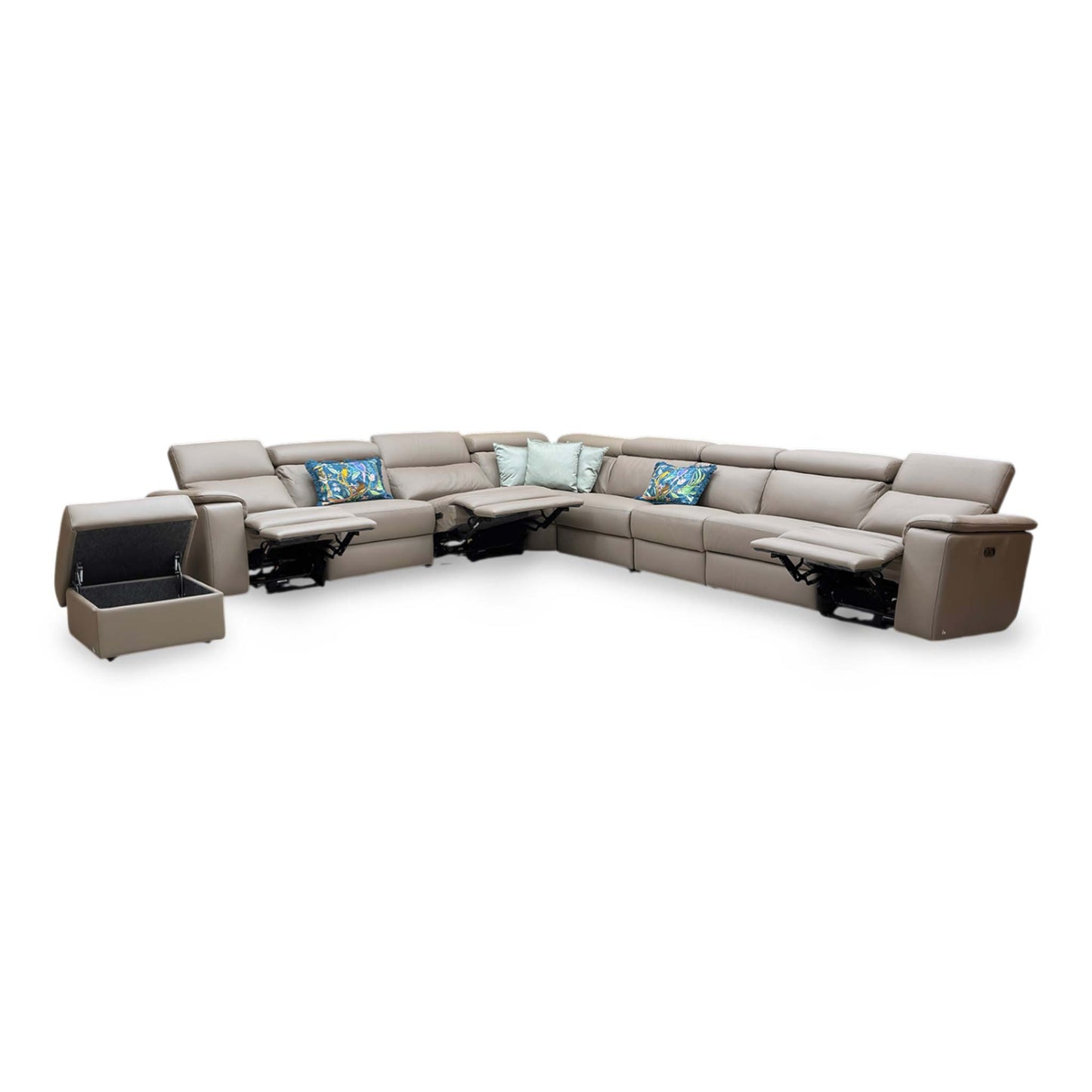 Nicoletti ‘Davide’ 312 Torello Taupe Leather 4 Corner 3 Power Recliner Sofa + Storage Footstool
