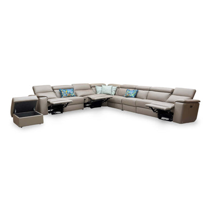 Nicoletti ‘Davide’ 312 Torello Taupe Leather 4 Corner 3 Power Recliner Sofa + Storage Footstool