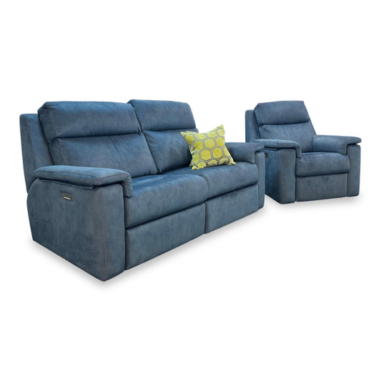 G Plan ‘Thornbury’ A125 Stingray Indigo Velvet 3 Seater Power Recliner Sofa with Power Headrest and Power Lumbar + Power Chair