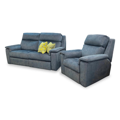G Plan ‘Thornbury’ A125 Stingray Indigo Velvet 3 Seater Power Recliner Sofa with Power Headrest and Power Lumbar + Power Chair