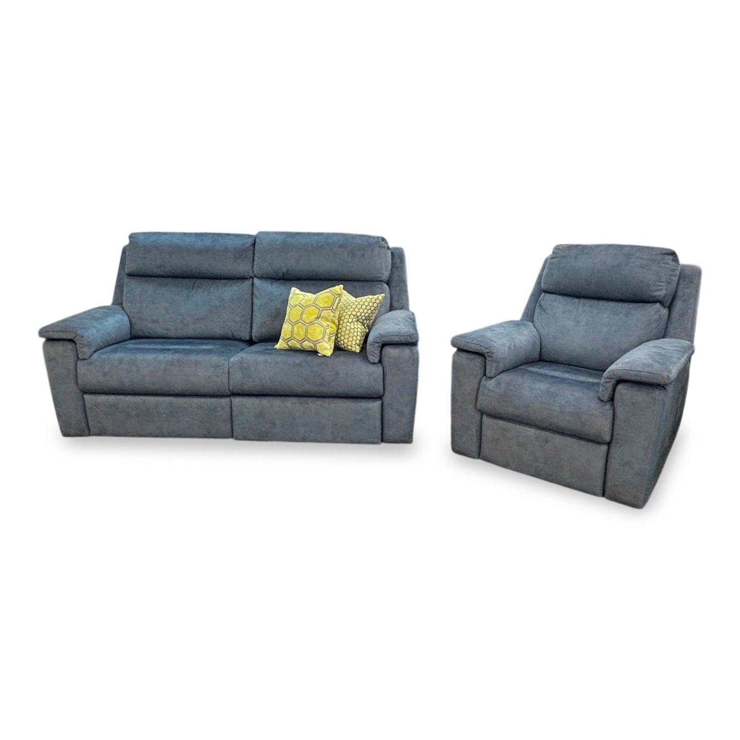 G Plan ‘Thornbury’ A125 Stingray Indigo Velvet 3 Seater Power Recliner Sofa with Power Headrest and Power Lumbar + Power Chair
