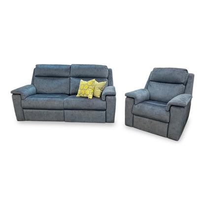 G Plan ‘Thornbury’ A125 Stingray Indigo Velvet 3 Seater Power Recliner Sofa with Power Headrest and Power Lumbar + Power Chair