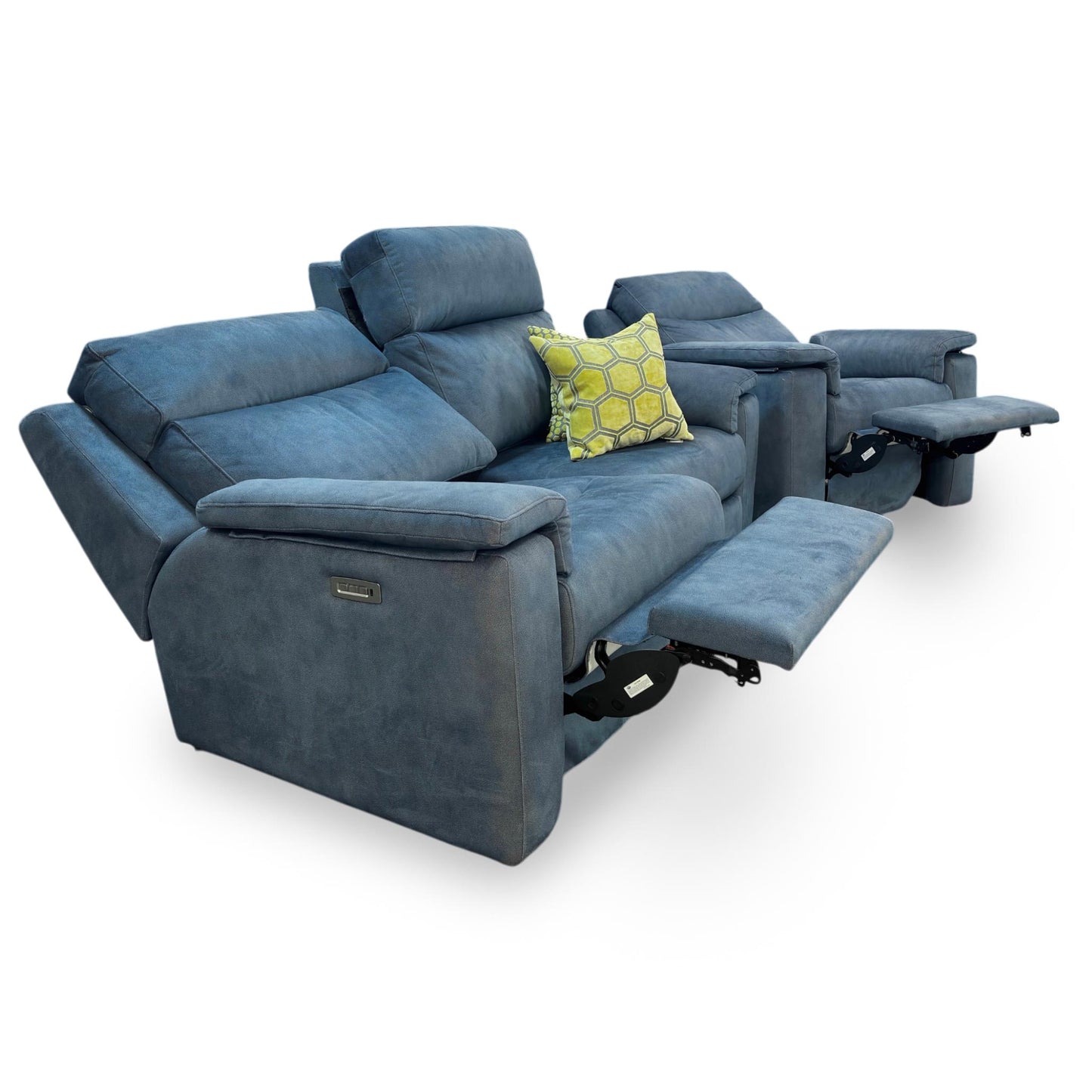 G Plan ‘Thornbury’ A125 Stingray Indigo Velvet 3 Seater Power Recliner Sofa with Power Headrest and Power Lumbar + Power Chair