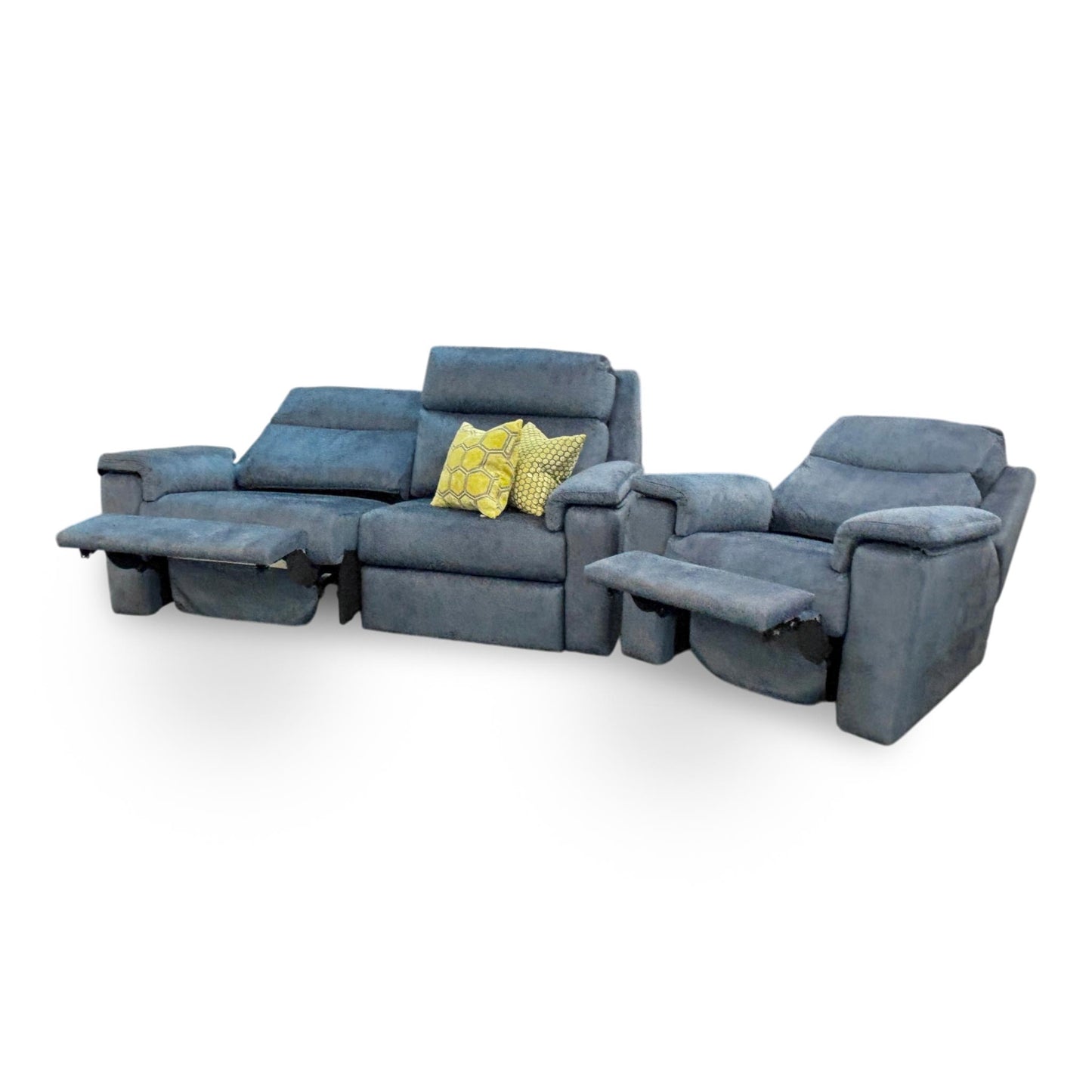 G Plan ‘Thornbury’ A125 Stingray Indigo Velvet 3 Seater Power Recliner Sofa with Power Headrest and Power Lumbar + Power Chair