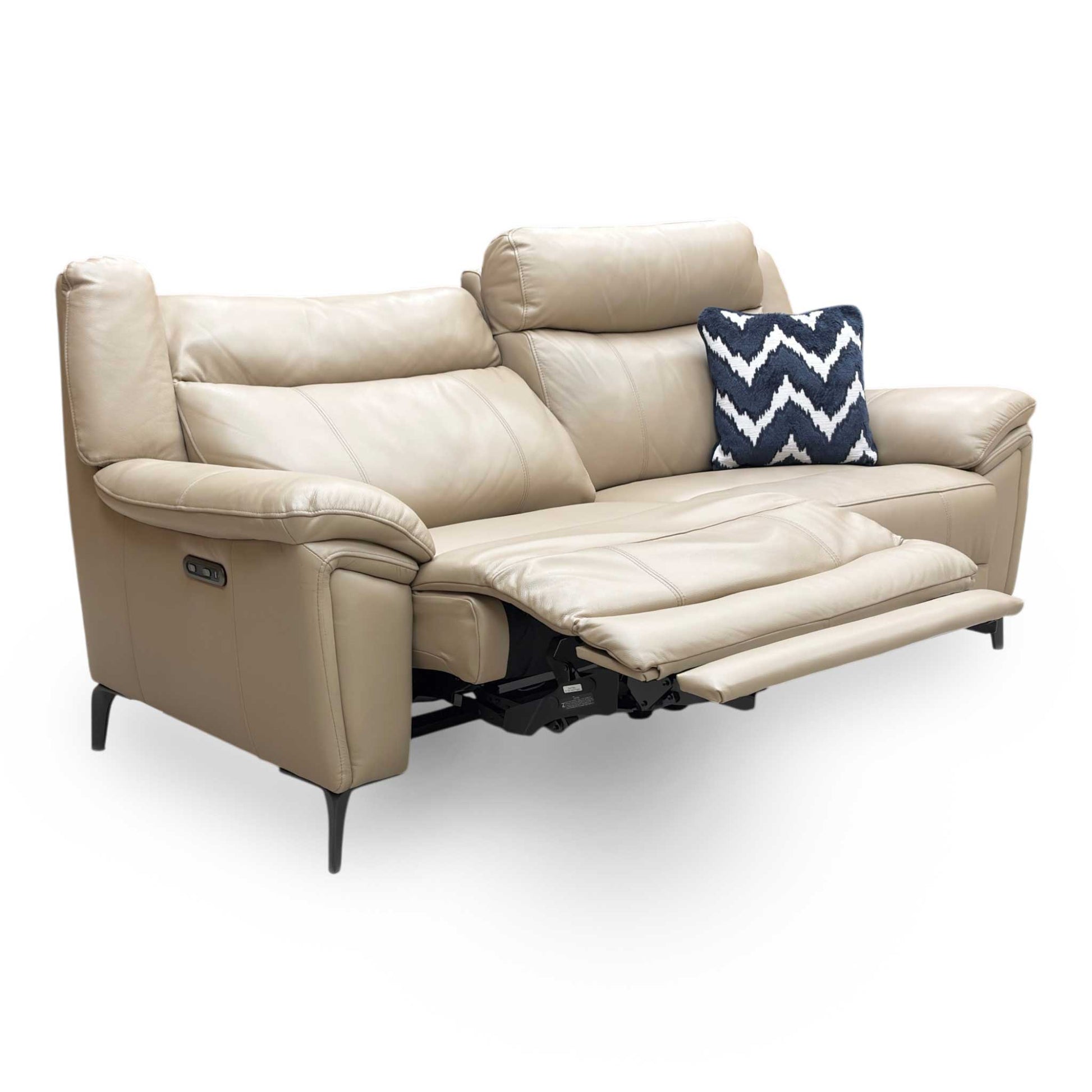 Full view of Furniture Village ‘Panache’ 3 Seater Power Recliner Sofa upholstered in luxurious Cream Barley Cat-60:06 leather.