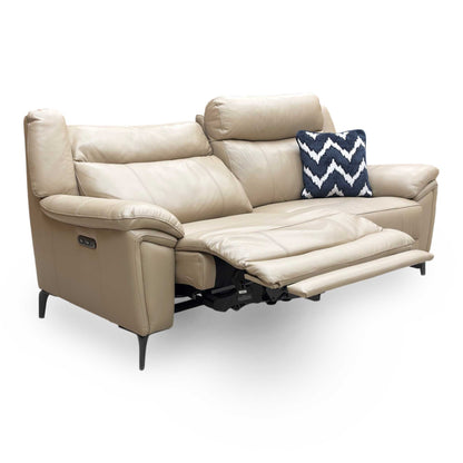 Full view of Furniture Village ‘Panache’ 3 Seater Power Recliner Sofa upholstered in luxurious Cream Barley Cat-60:06 leather.