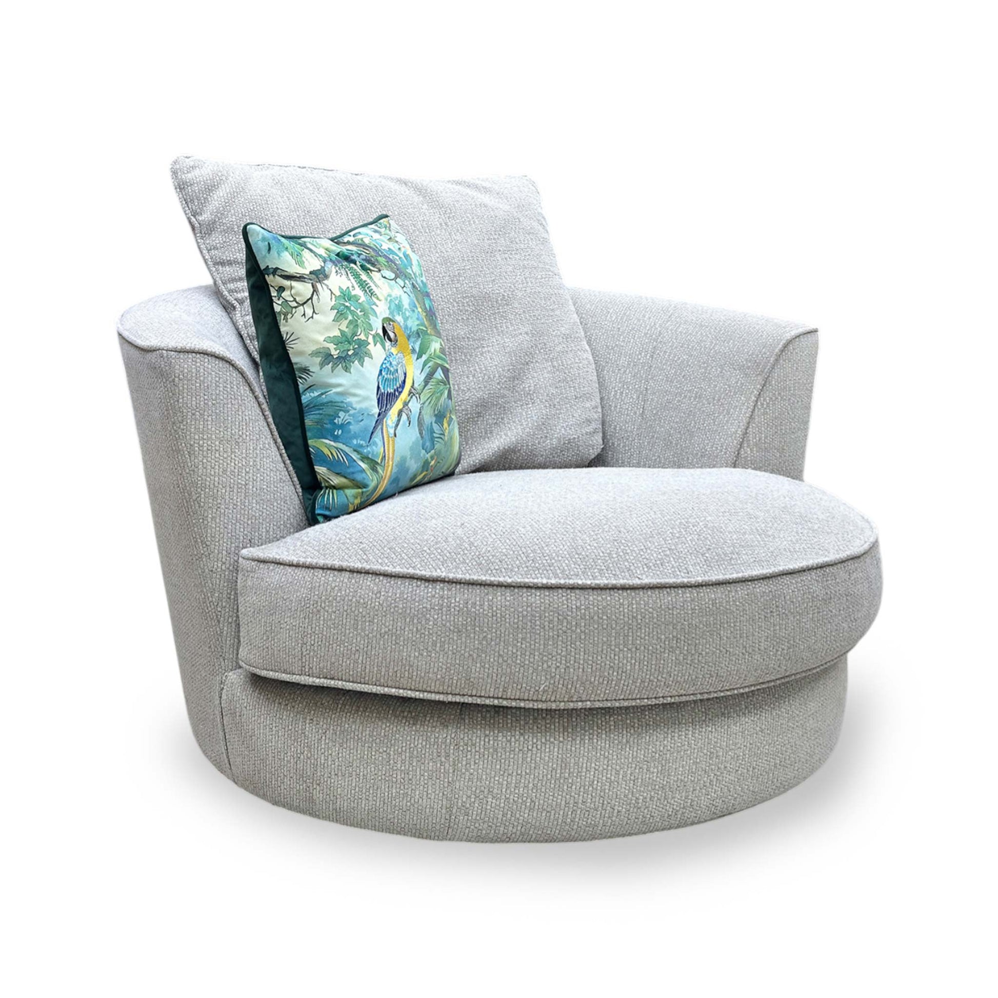 Full view of Modern Legend Kingston swivel chair in a soft silver fabric, featuring a deep, circular seat and contemporary silhouette.