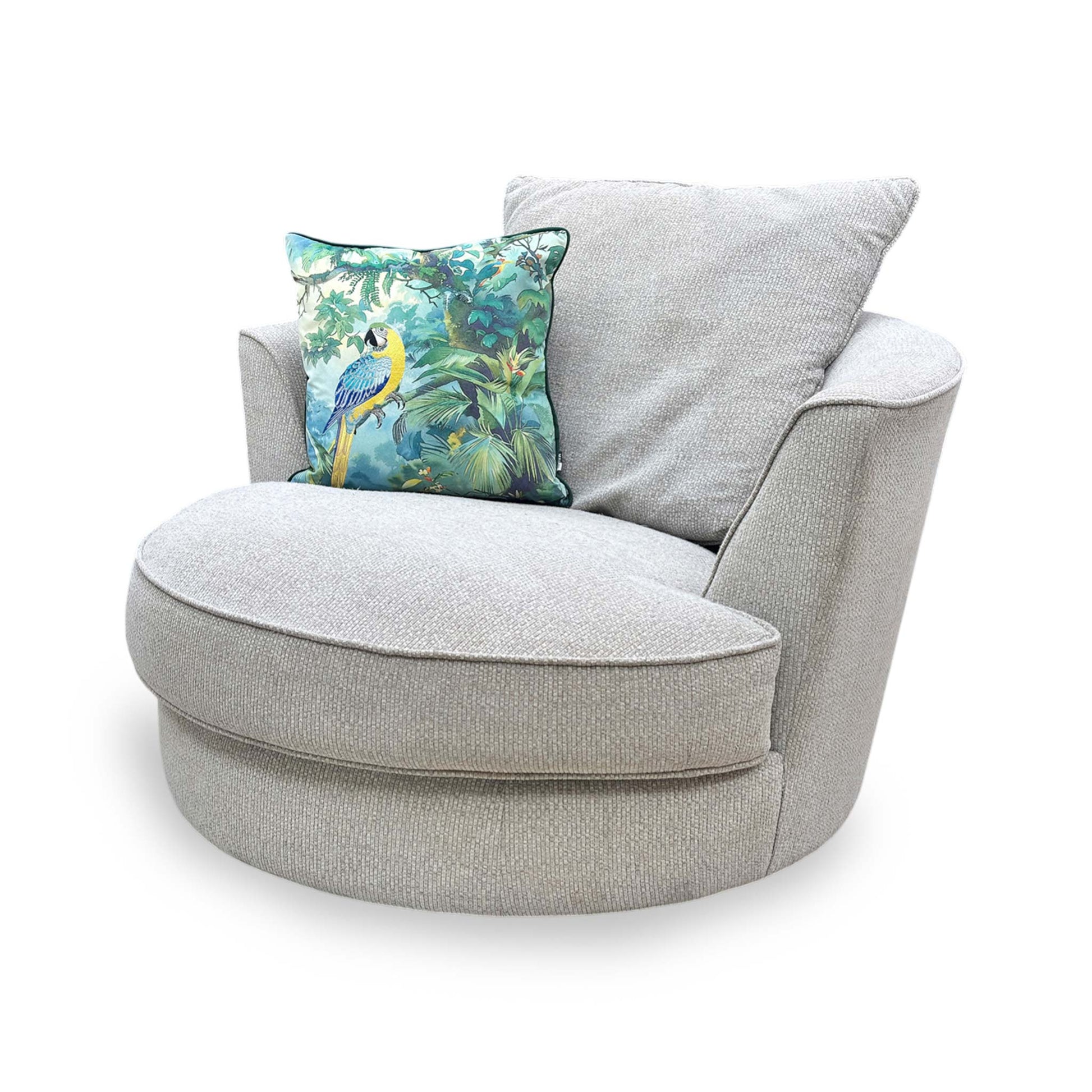 Side view of the swivel chair showing the clean, curved backrest and high-quality upholstery finish.