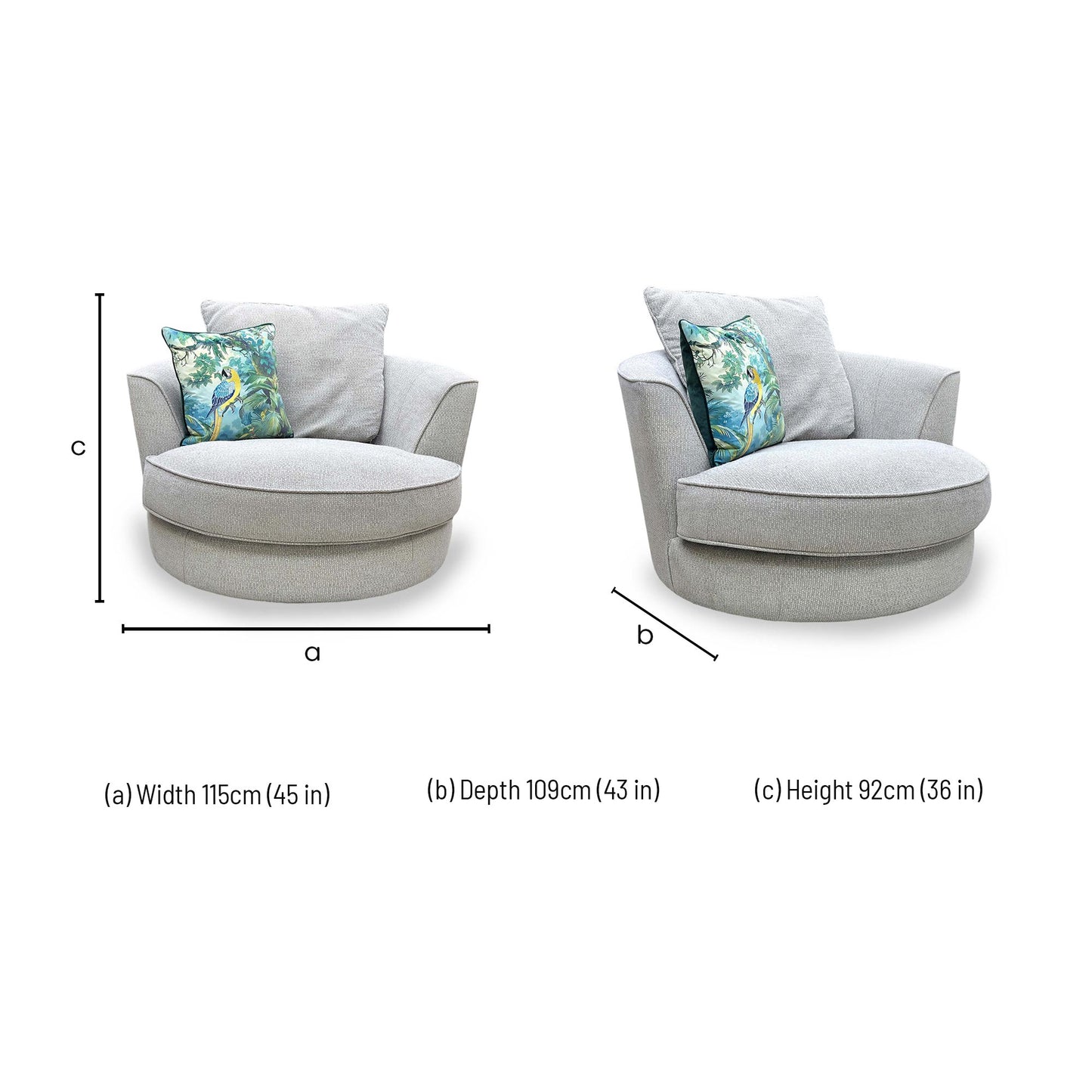 Dimensions diagram: Width 115cm, Depth 109cm, Height 92cm. Seat height: 47cm, Seat depth: 60cm.