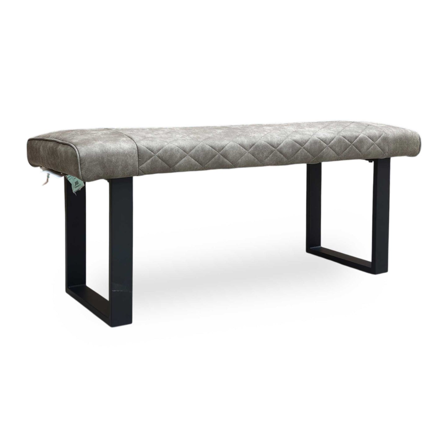 Full view of Modern Warrior dining bench upholstered in soft taupe fabric with elegant diamond quilted-effect stitching.