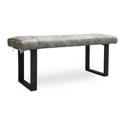 Full view of Modern Warrior dining bench upholstered in soft taupe fabric with elegant diamond quilted-effect stitching.