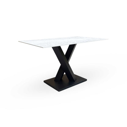 Full view of the warrior 135cm fixed dining table with a Crystal White sintered stone ceramic top featuring a modern white marble-effect finish and a dark grey V-shaped metal base.