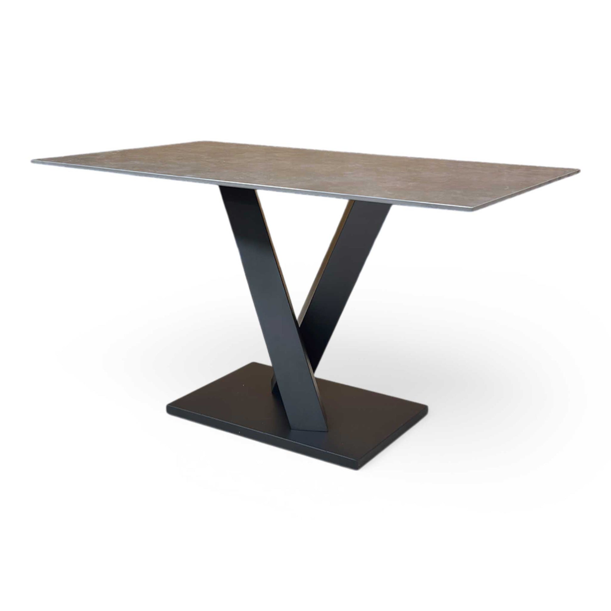 Side view of the sturdy dark grey V-shaped metal pedestal base, emphasizing the industrial-contemporary design.