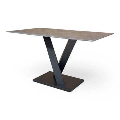 Side view of the sturdy dark grey V-shaped metal pedestal base, emphasizing the industrial-contemporary design.
