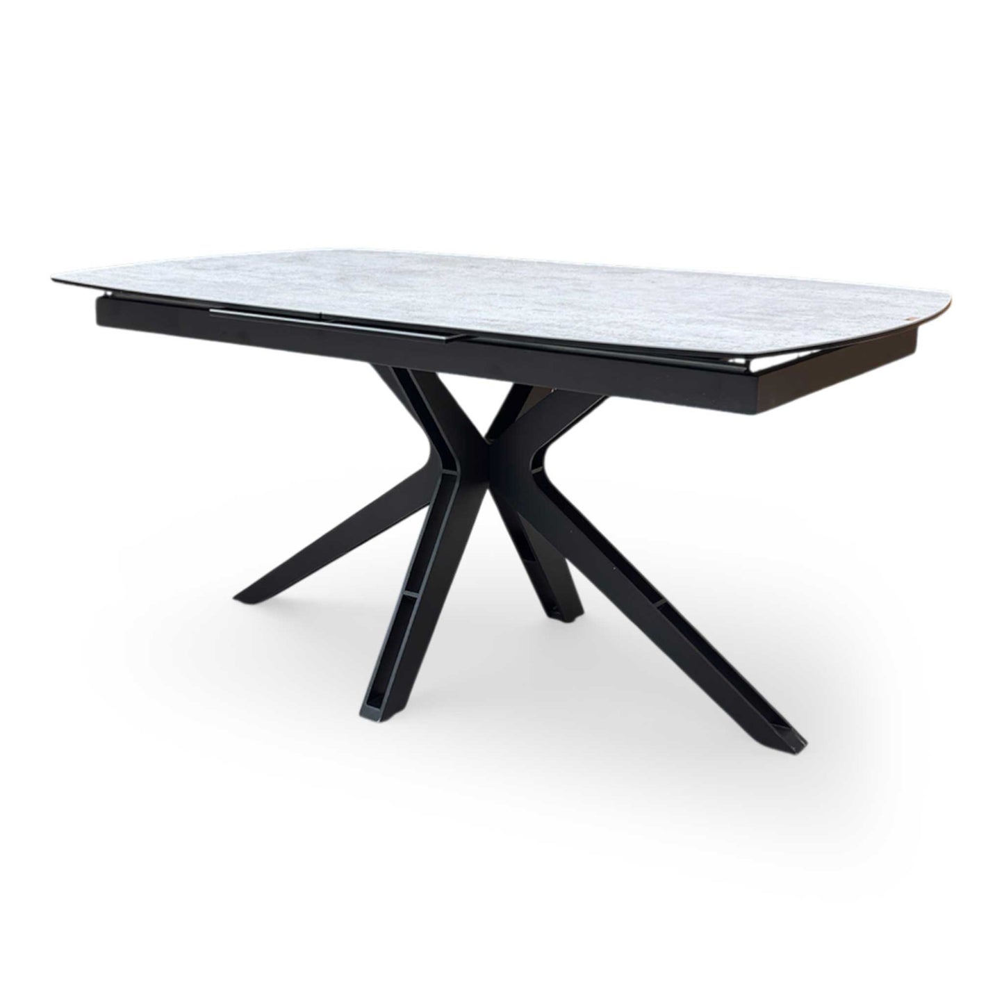 Side profile view of the table, emphasizing the slim tabletop profile and sturdy metal base construction.