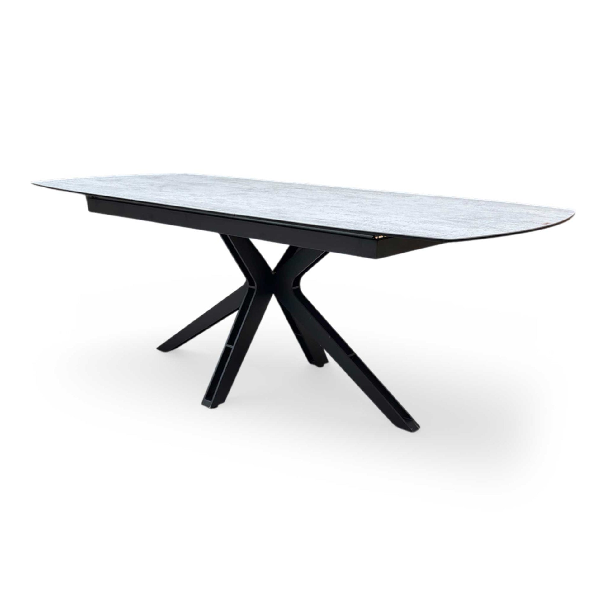 Side profile view of the table, emphasizing the slim tabletop profile and sturdy metal base construction.