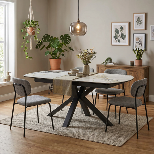 Living room shot of the 160cm marble-style ceramic dining table showing the sleek curved edges and contemporary design.