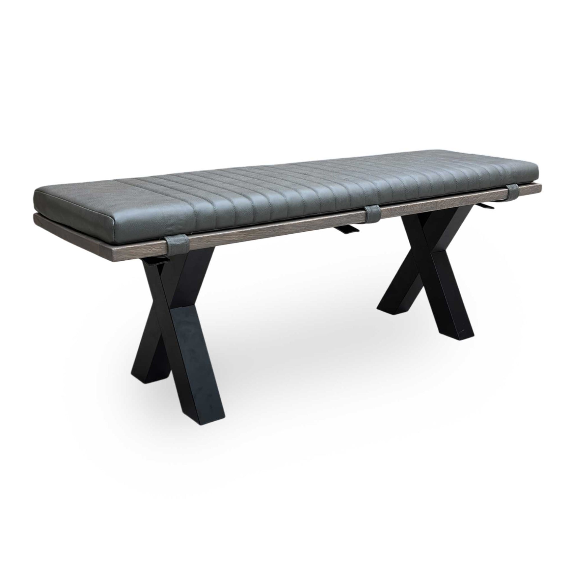 Full view of Bodahl 'Loki' 8 dining bench crafted from solid oak with a vintage grey finish and a coordinating grey fabric bench pad.