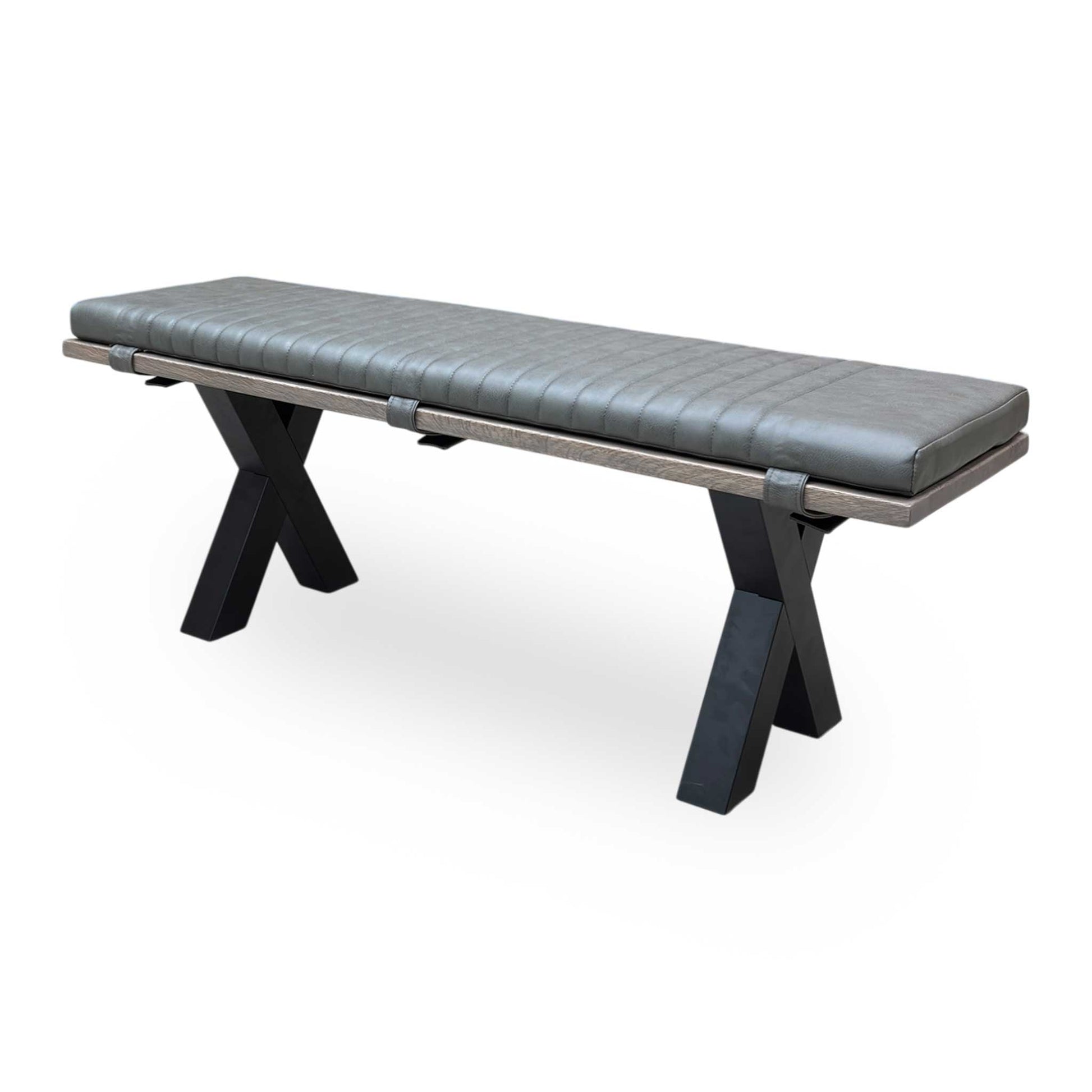 Side view of the 140cm Loki bench, illustrating the clean lines and balanced proportions of the solid wood frame.