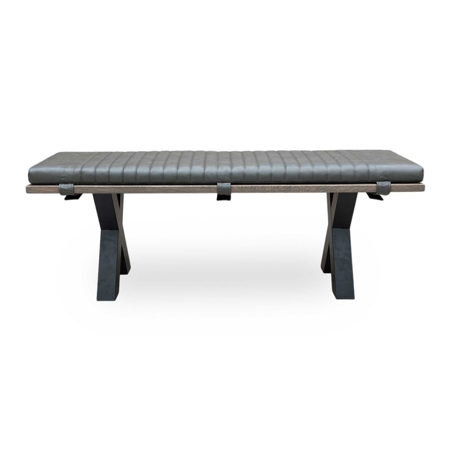 Front view of dining setup featuring the Loki solid oak bench with X-shaped legs.