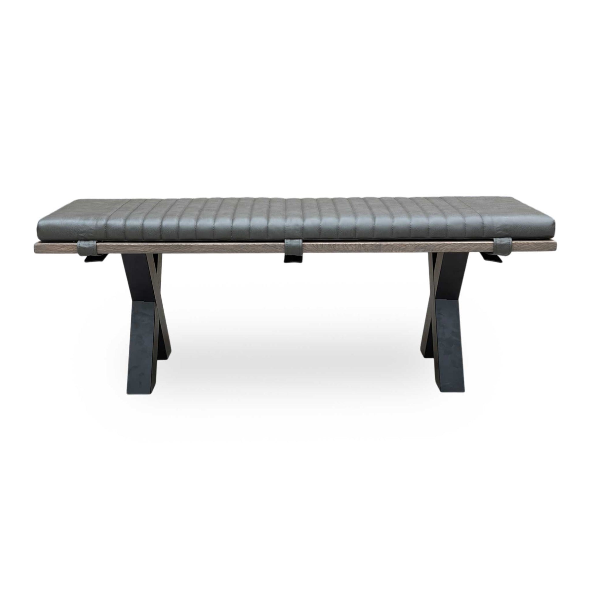Front view of dining setup featuring the Loki solid oak bench with X-shaped legs.