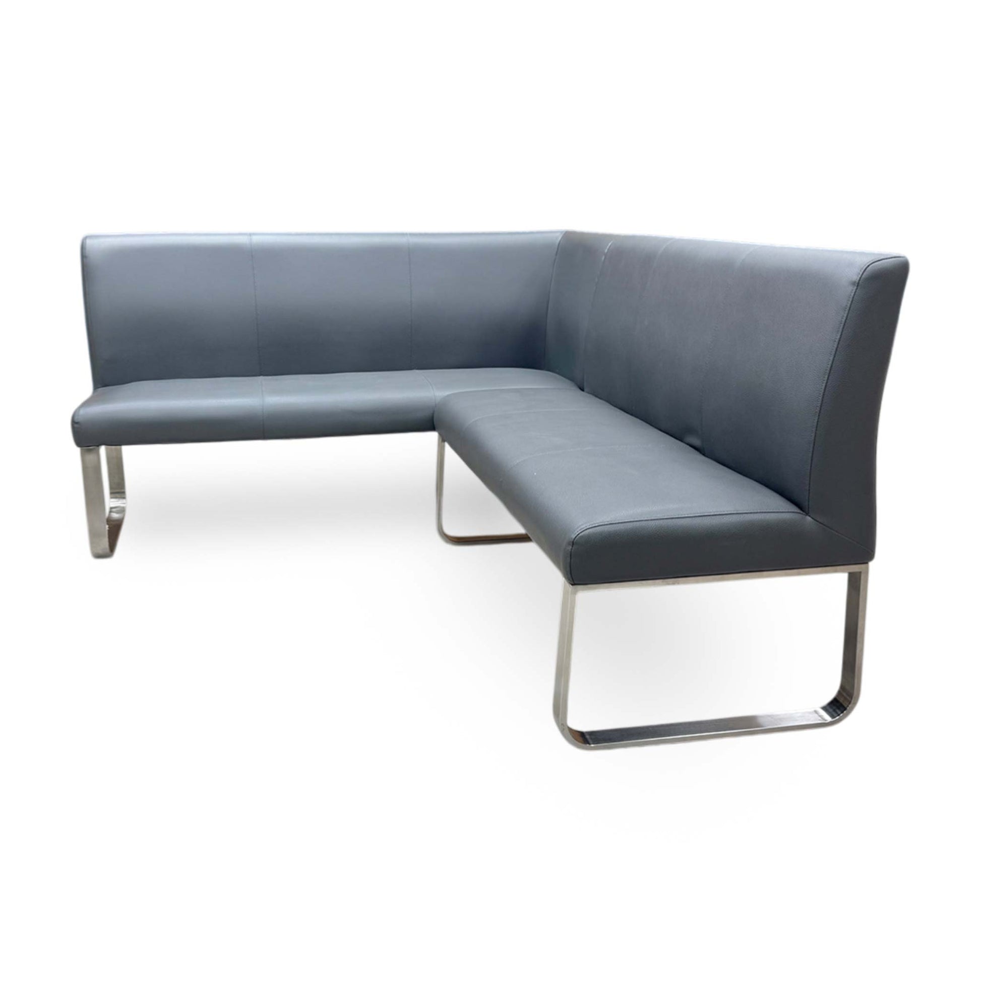 Side profile of the left-hand facing bench showcasing the supportive backrest and robust frame construction.