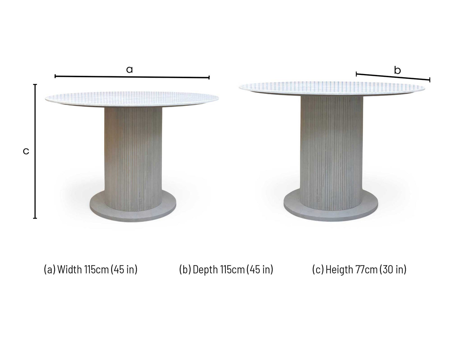 Technical dimension diagram for the Aimar White Ceramic 115cm Round Table, specifying diameter and height.