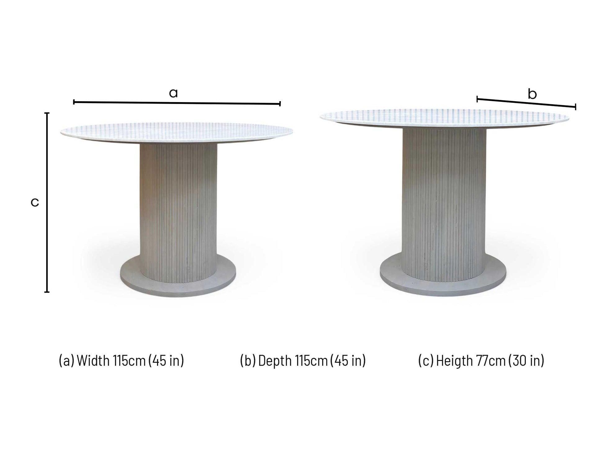 Technical dimension diagram for the Aimar White Ceramic 115cm Round Table, specifying diameter and height.