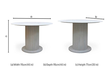 Technical dimension diagram for the Aimar White Ceramic 115cm Round Table, specifying diameter and height.