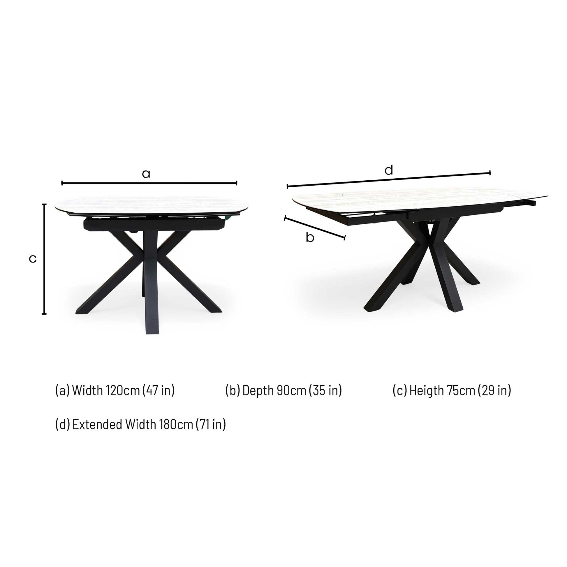 Technical dimension diagram for the Raul swivel extending table.