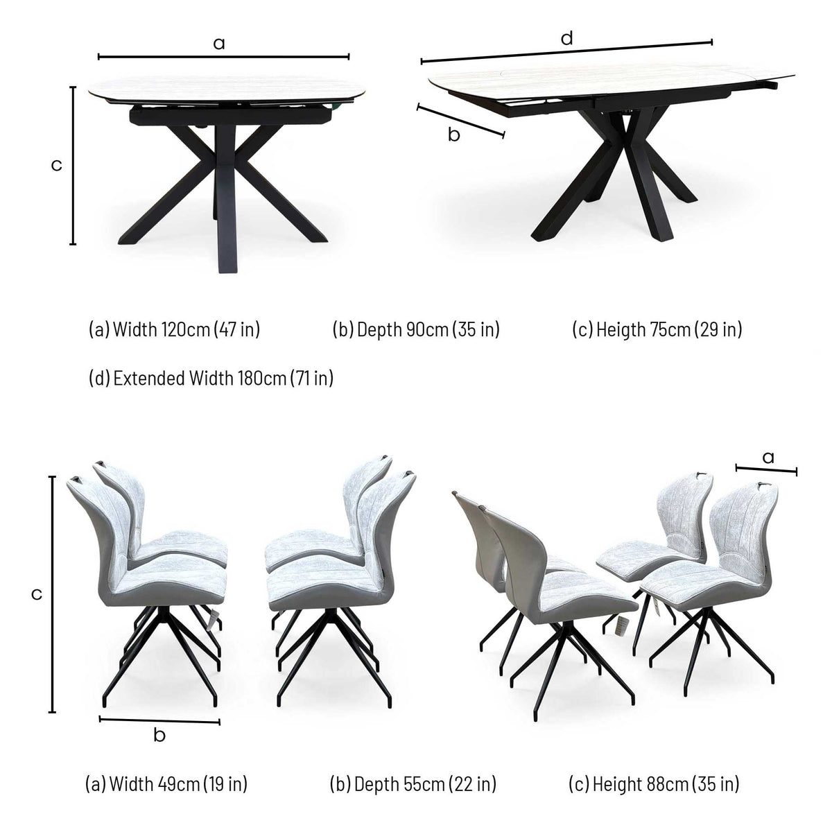 ‘Raul’ Travertine Ceramic Top 120cm Swivel Extending Dining Table with Stone Grey Fabric Set of 4 Swivel Dining Chairs
