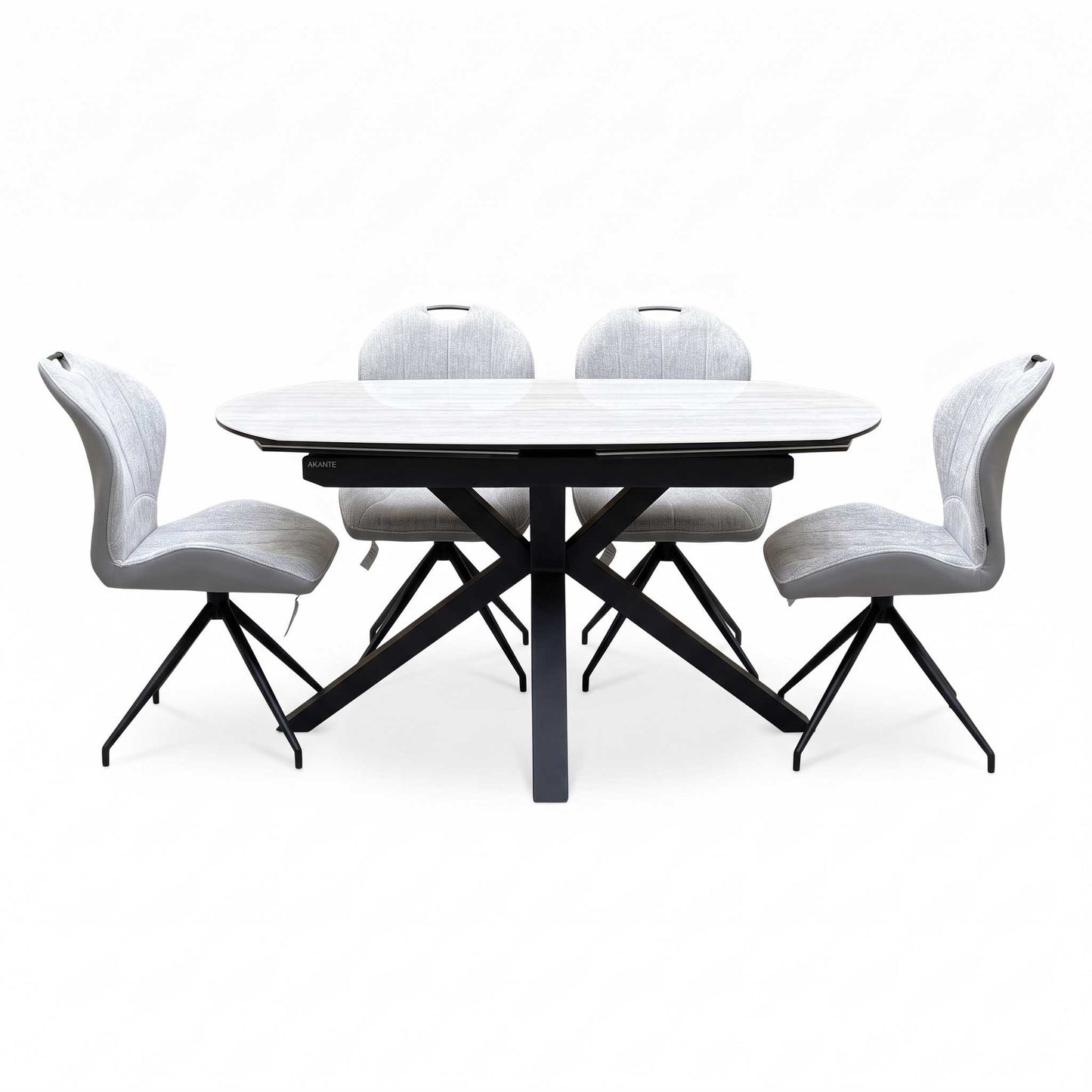 ‘Raul’ Travertine Ceramic Top 120cm Swivel Extending Dining Table with Stone Grey Fabric Set of 4 Swivel Dining Chairs
