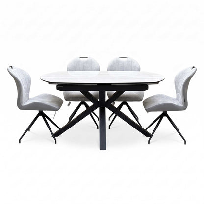 ‘Raul’ Travertine Ceramic Top 120cm Swivel Extending Dining Table with Stone Grey Fabric Set of 4 Swivel Dining Chairs
