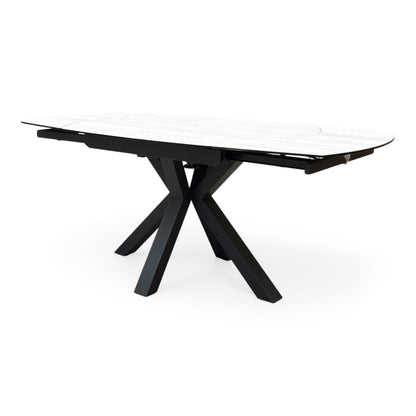 ‘Raul’ Travertine Ceramic Top 120cm Swivel Extending Dining Table with Stone Grey Fabric Set of 4 Swivel Dining Chairs