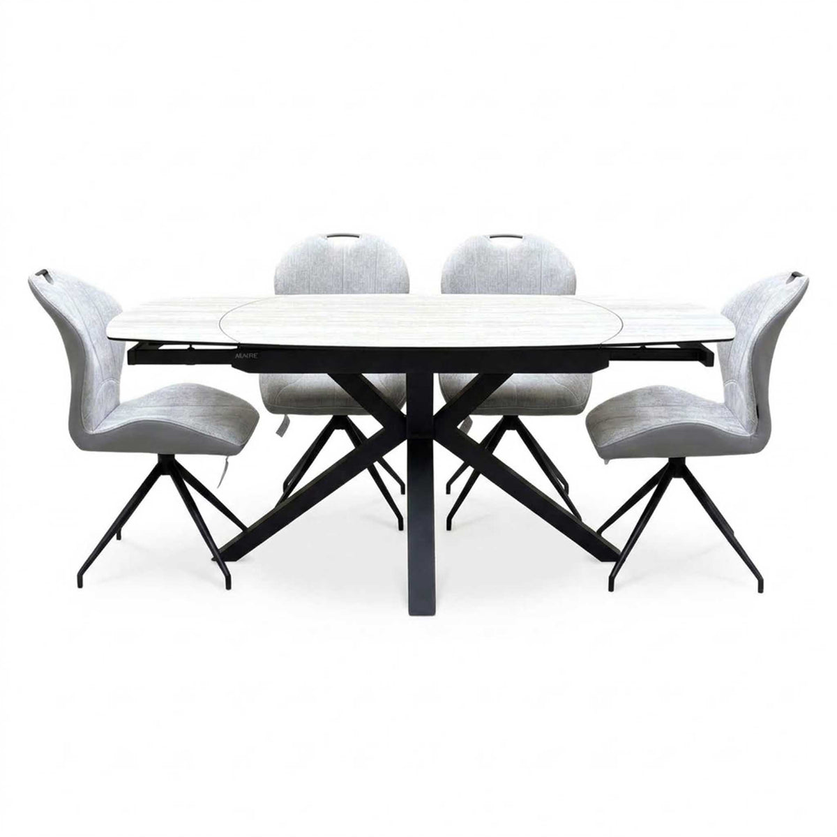 ‘Raul’ Travertine Ceramic Top 120cm Swivel Extending Dining Table with Stone Grey Fabric Set of 4 Swivel Dining Chairs