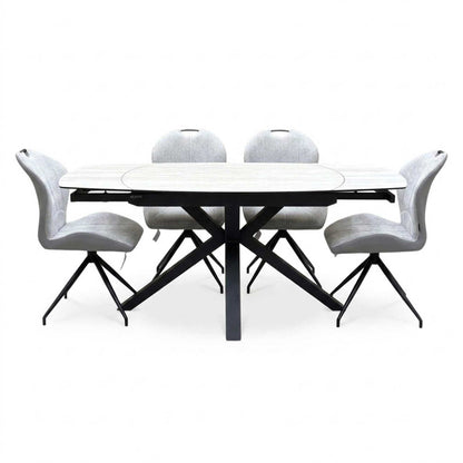 ‘Raul’ Travertine Ceramic Top 120cm Swivel Extending Dining Table with Stone Grey Fabric Set of 4 Swivel Dining Chairs