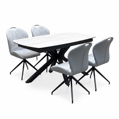 ‘Raul’ Travertine Ceramic Top 120cm Swivel Extending Dining Table with Stone Grey Fabric Set of 4 Swivel Dining Chairs