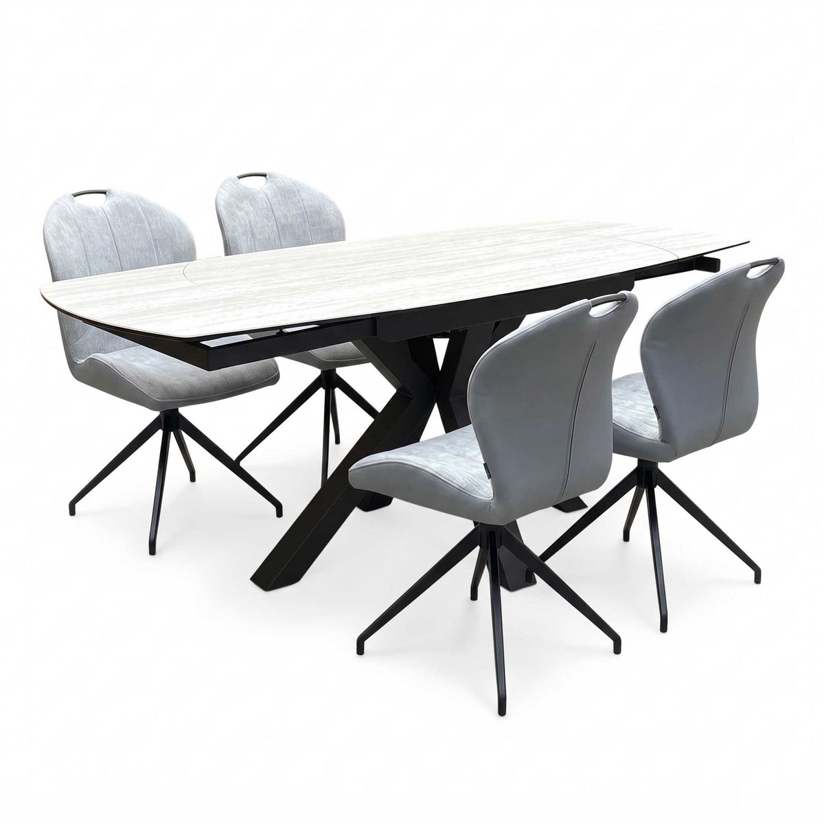 ‘Raul’ Travertine Ceramic Top 120cm Swivel Extending Dining Table with Stone Grey Fabric Set of 4 Swivel Dining Chairs