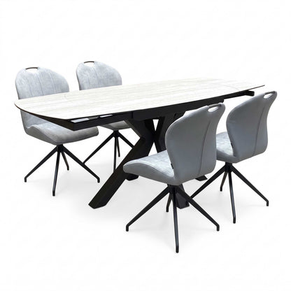‘Raul’ Travertine Ceramic Top 120cm Swivel Extending Dining Table with Stone Grey Fabric Set of 4 Swivel Dining Chairs