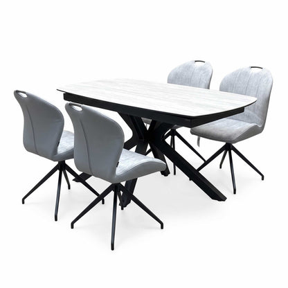 ‘Raul’ Travertine Ceramic Top 120cm Swivel Extending Dining Table with Stone Grey Fabric Set of 4 Swivel Dining Chairs
