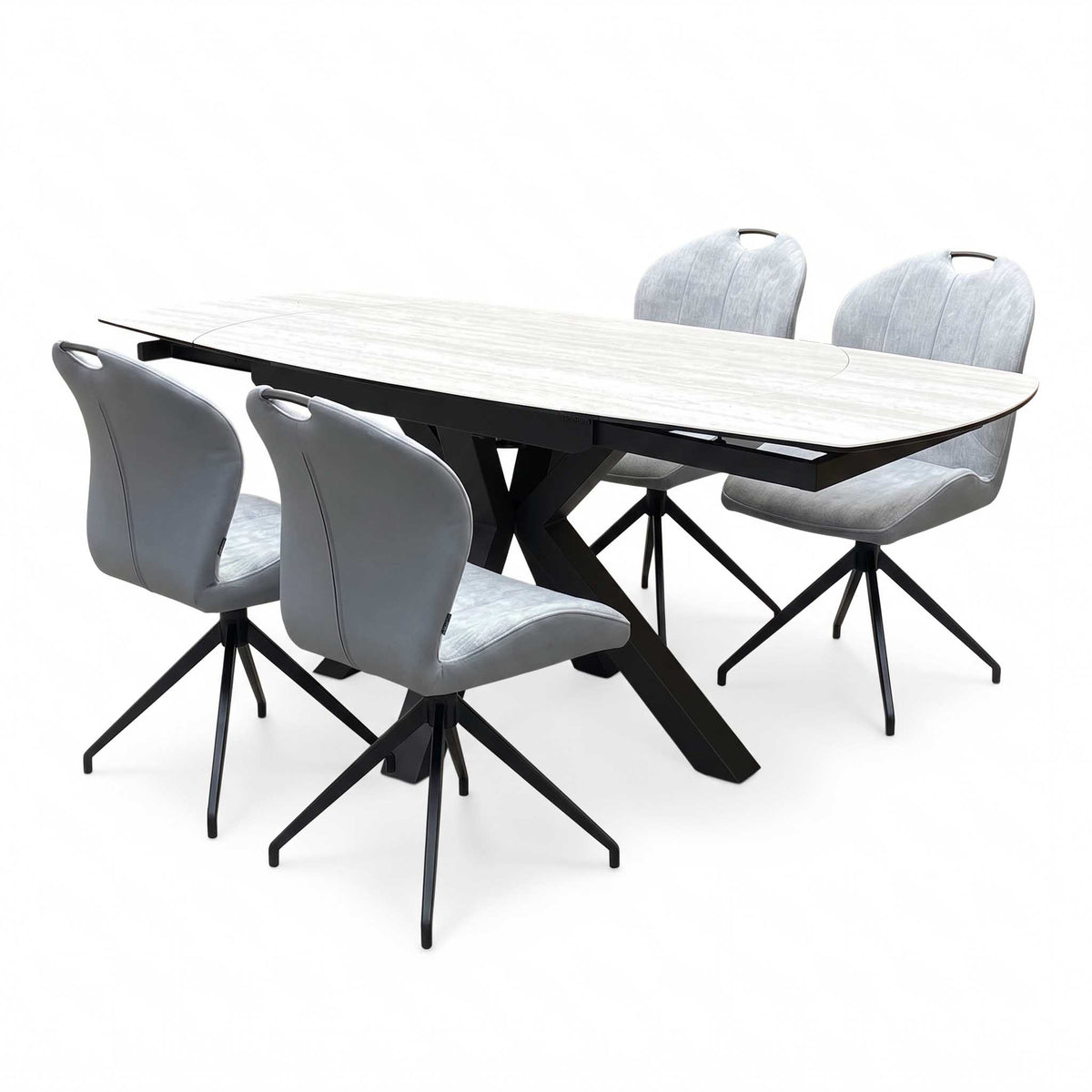 ‘Raul’ Travertine Ceramic Top 120cm Swivel Extending Dining Table with Stone Grey Fabric Set of 4 Swivel Dining Chairs