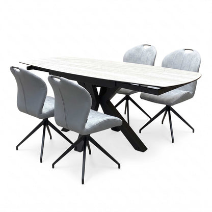 ‘Raul’ Travertine Ceramic Top 120cm Swivel Extending Dining Table with Stone Grey Fabric Set of 4 Swivel Dining Chairs
