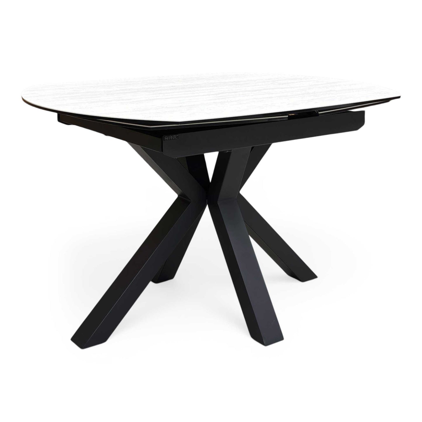 ‘Raul’ Travertine Ceramic Top 120cm Swivel Extending Dining Table with Stone Grey Fabric Set of 4 Swivel Dining Chairs