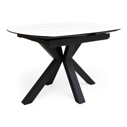 ‘Raul’ Travertine Ceramic Top 120cm Swivel Extending Dining Table with Stone Grey Fabric Set of 4 Swivel Dining Chairs
